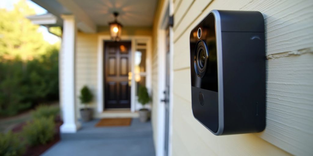 Close-up of a Ring camera on a wall.