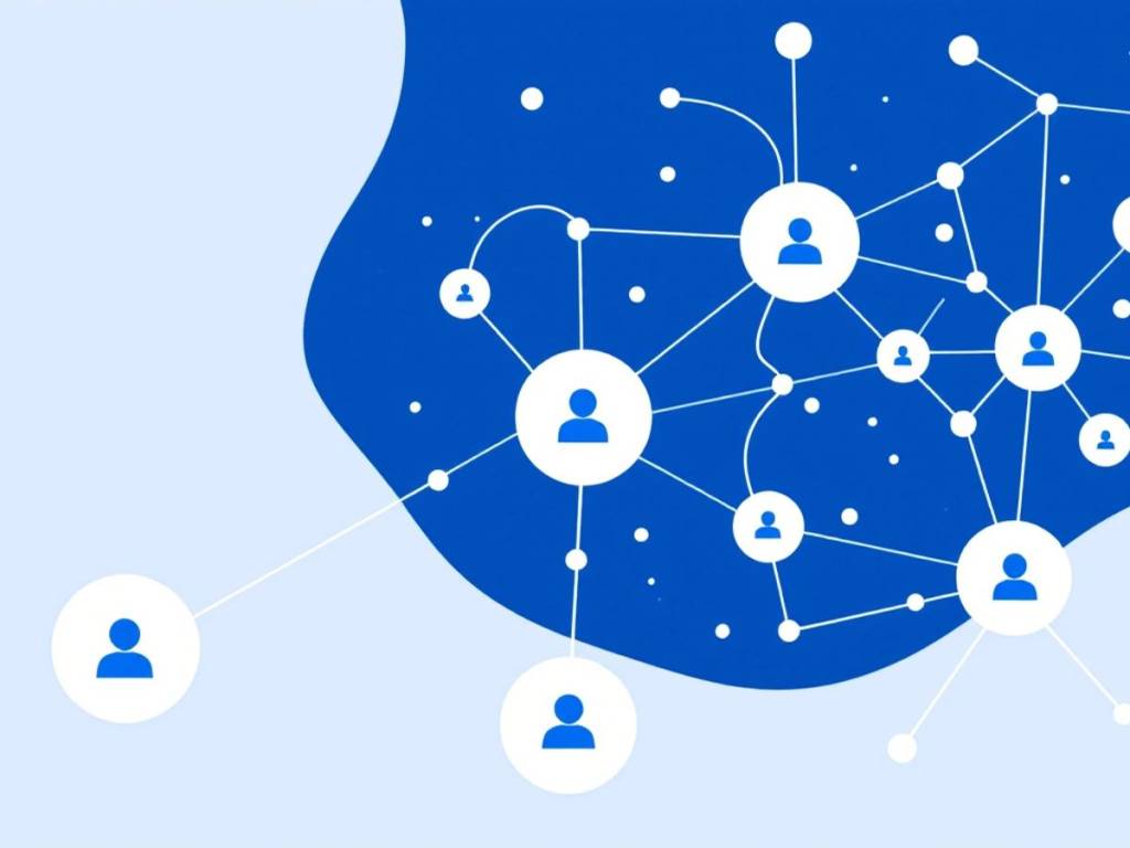 Minimalistic vector art of affiliate networks in blue and white.