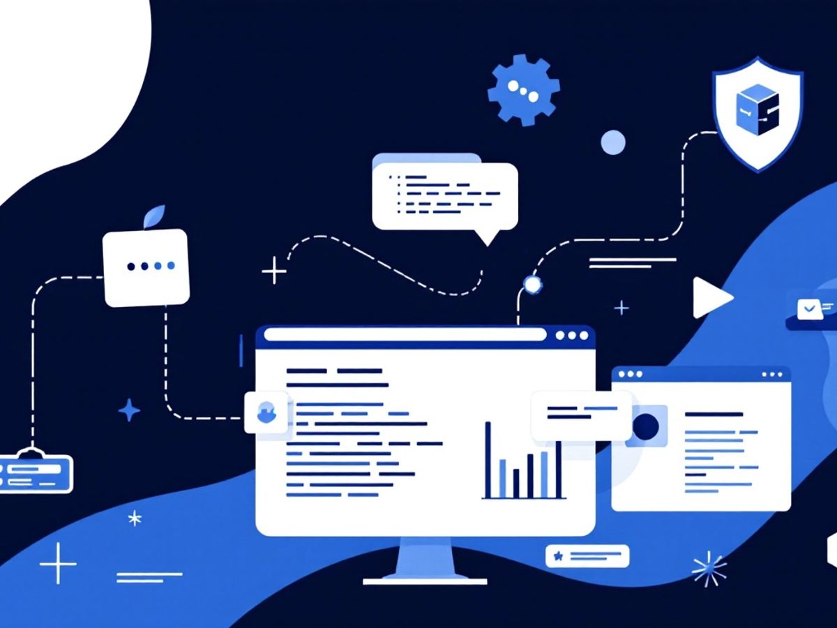 Minimalistic vector art of software elements in blue and white.