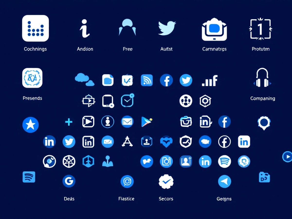 Minimalistic vector art of app icons in blue and white.