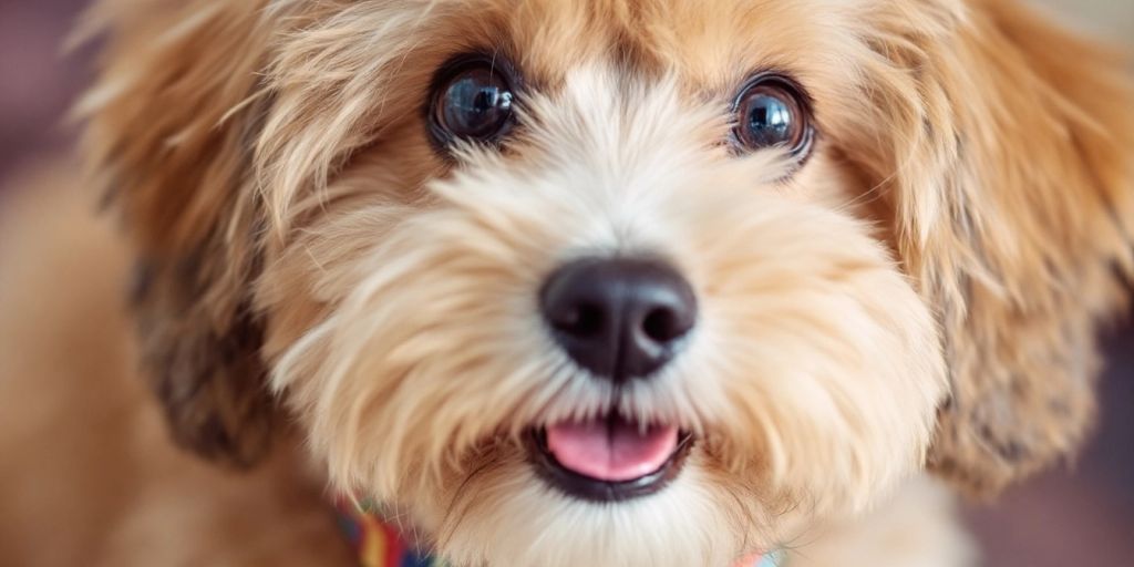 Fluffy dog with a colorful collar and playful expression.